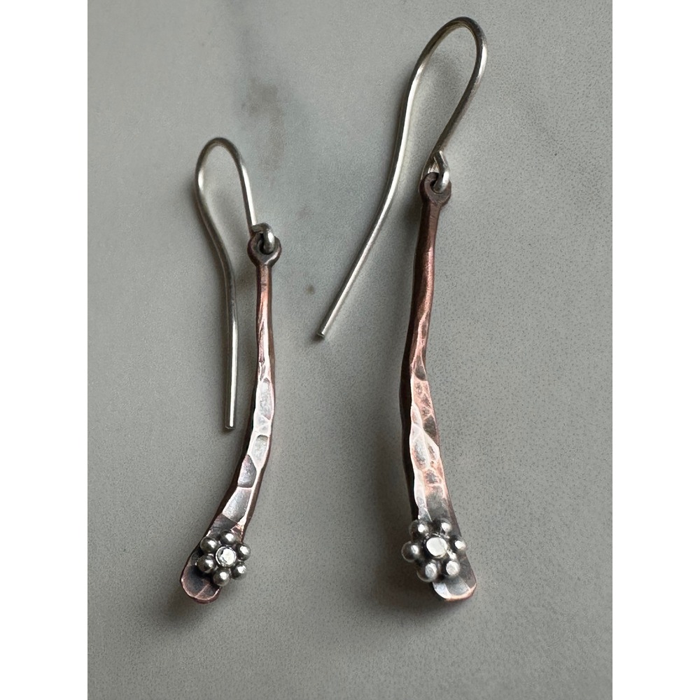 Artisan Mixed Metal Hammered Copper Bar Flower Drop Earrings Silver Kidney Wire